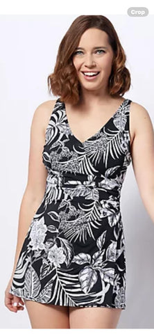 Denim and Company Beach, V-neck wrap, swim dress black tropical - Sz 14